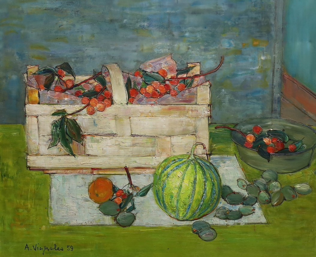 André Vignoles (French, 1920-2017), Table top still life with basket of cherries and other fruit, oil on canvas, 53 x 64cm